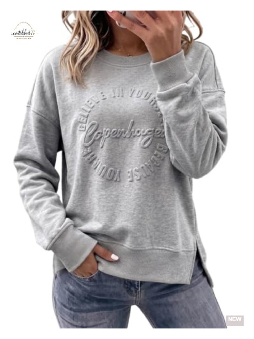 Womens Crewneck Sweatshirt Embossed Letter Print Pullover Top Loose Side Slit